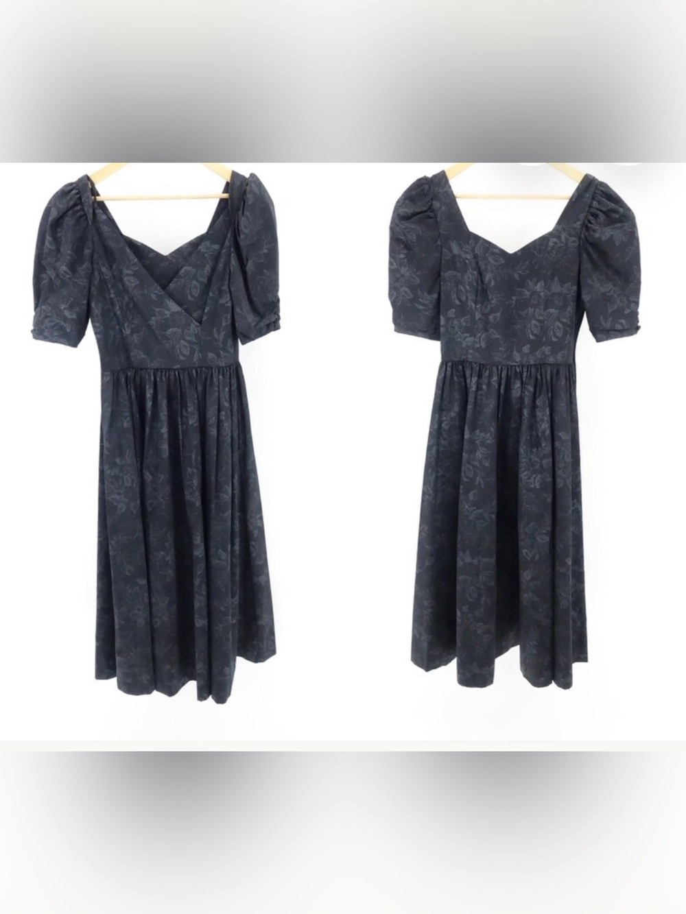80s Laura Ashley Black Floral Puff-Sleeve Fit & Flare Dress